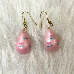 Pink Tulip Flower Cottagecore Easter Egg Green Gold Dangle Earrings Coquette